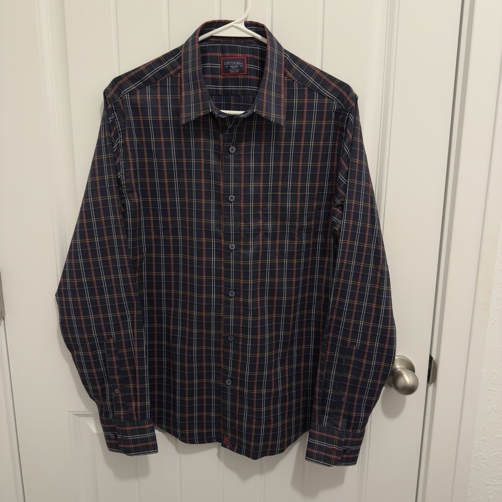Untuckit Men's Slit Fit Navy‎ Blue Red/Blue/White Stripes Button Up Size Medium